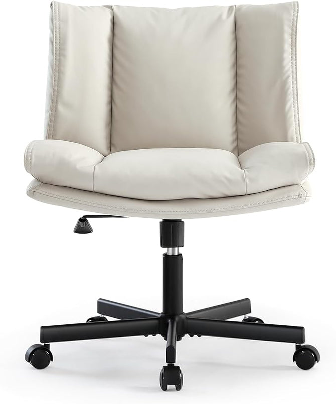 LEAGOO Armless Desk Chair, Office Chair with Wheels, PU-Leather Desk Chair, Modern Swivel Height Adjustable Office Chair with Wide Seat for Home, Office, Make Up, Bed Room - Beige - LeafyLoom