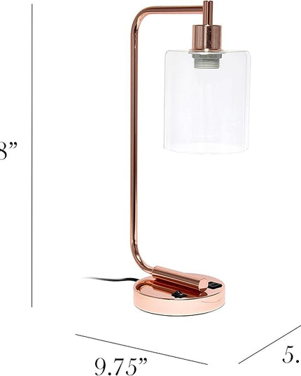Simple Designs LD1066-RGD-LB Industrial Vintage Bronson Iron Lantern Desk Table Lamp with USB Port and Glass Cylinder Shade for Office, Living Room, Bedroom, Rose Gold, with Feit LED Bulb Included - LeafyLoom
