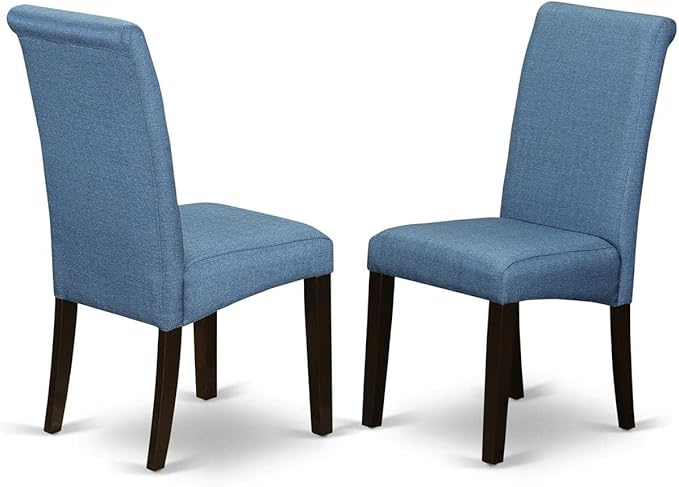 East West Furniture BOBA3-CAP-21 Boston 3 Piece Dinette Set for Small Spaces Contains a Round Kitchen Table and 2 Blue Color Linen Fabric Parson Dining Chairs, Cappuccino, 42x42 Inch - LeafyLoom