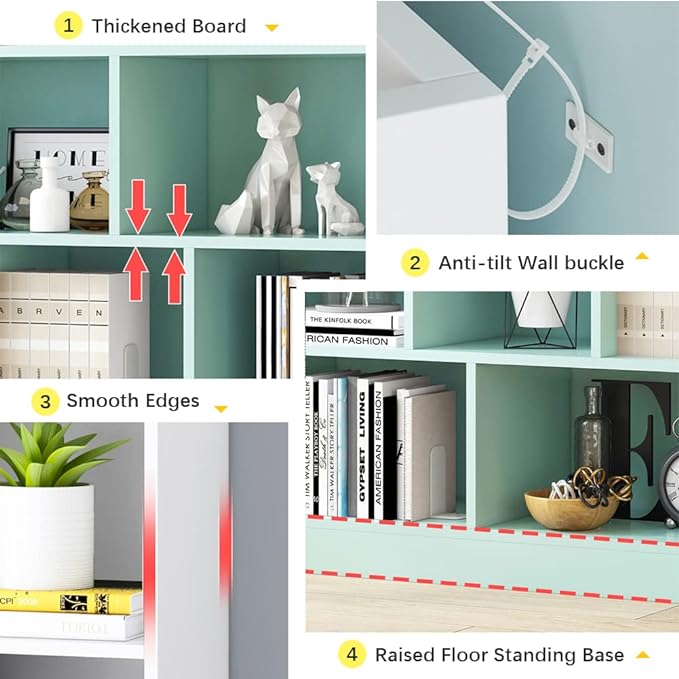 IOTXY Open Shelf Low Bookcase - Wooden 3-Tier Floor Standing Display Cabinet Organizer with Base, 7 Cubes Short Horizontal Bookshelf in Tiffany-Green - LeafyLoom