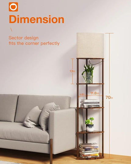 addlon Corner Lamps 5-Tier Shelf Floor Lamp Display with 3 Color Temperatures LED Bulb and Linen Lamp Shade, Shelves for Living Room, Bedroom and Office - Vintage - LeafyLoom