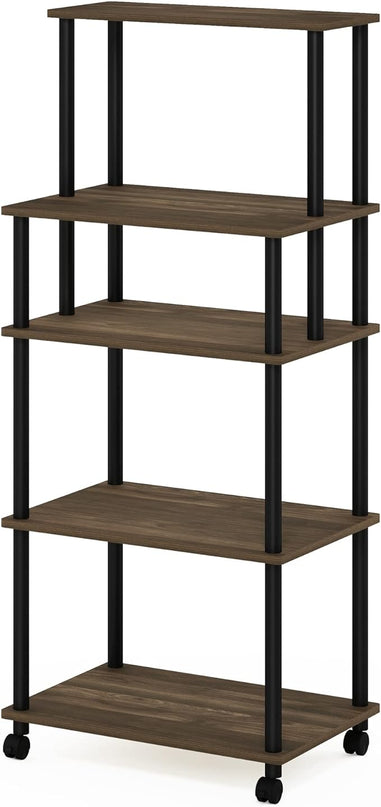 Furinno Turn-N-Tube 5-Tier Toolless Kitchen Storage Cart with Lockable Wheels, Columbia Walnut/Black - LeafyLoom