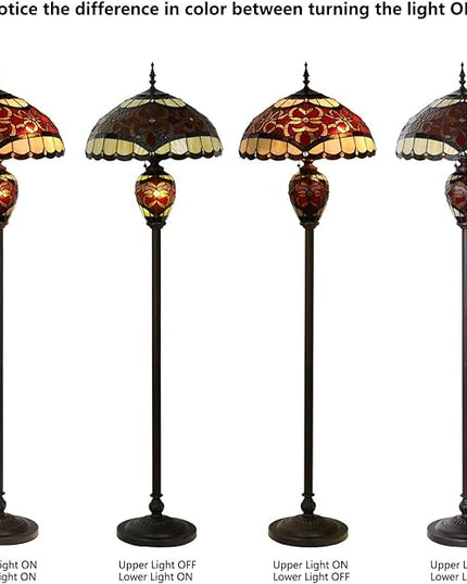 Bieye L10867 Baroque Tiffany Style Stained Glass Double Lit Floor Lamp for Home Decor 64-inch Tall (18-inch Wide, Red) - LeafyLoom