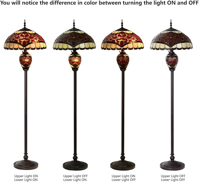 Bieye L10867 Baroque Tiffany Style Stained Glass Double Lit Floor Lamp for Home Decor 64-inch Tall (18-inch Wide, Red) - LeafyLoom