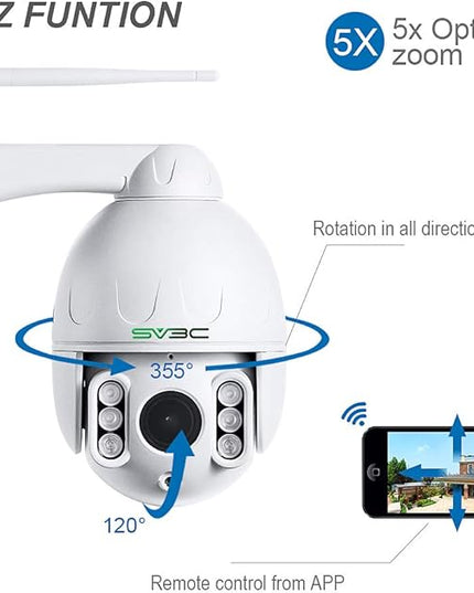 SV3C 1080P Outdoor PTZ WiFi Camera, ONVIF Security IP Camera with Auto Tracking, 197ft HD Night Vision, 5X Optical Zoom, Two-Way Audio, Waterproof, Compatible with Blue Iris, SD Card Slot, CamHiPro SV3C