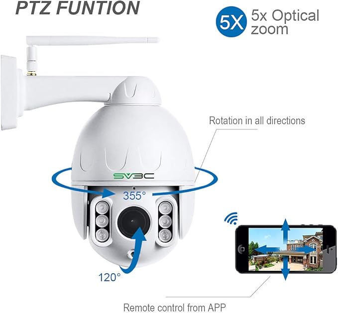 SV3C 1080P Outdoor PTZ WiFi Camera, ONVIF Security IP Camera with Auto Tracking, 197ft HD Night Vision, 5X Optical Zoom, Two-Way Audio, Waterproof, Compatible with Blue Iris, SD Card Slot, CamHiPro SV3C