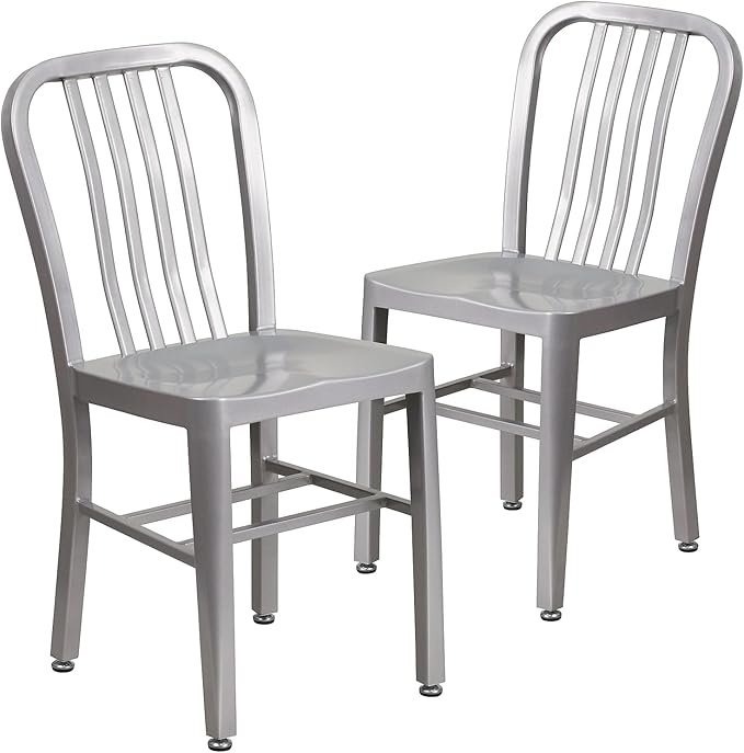Flash Furniture Gael Indoor/Outdoor Modern Metal Dining Chairs, Commercial-Grade Galvanized Steel Restaurant Chairs, Set of 2, Silver - LeafyLoom