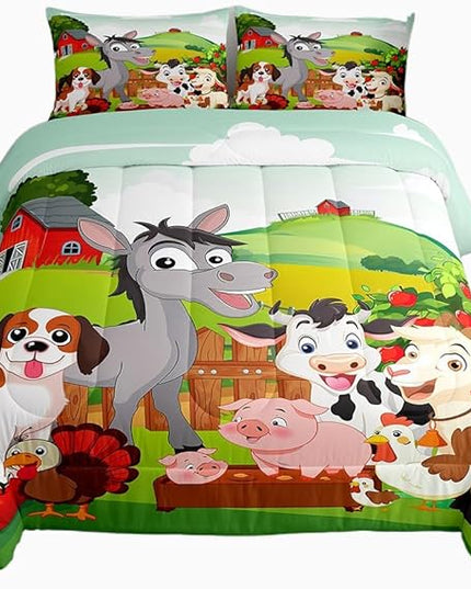 Cute Farm Animals Bedding Set Kids Cartoon Pig Dog Cow Horse Comforter Set for Boys Girls Teens Nature Country Style Comforter Farmhouse Rustic Duvet Set Colorful Bedroom Decor Quilt Set Full Size - LeafyLoom