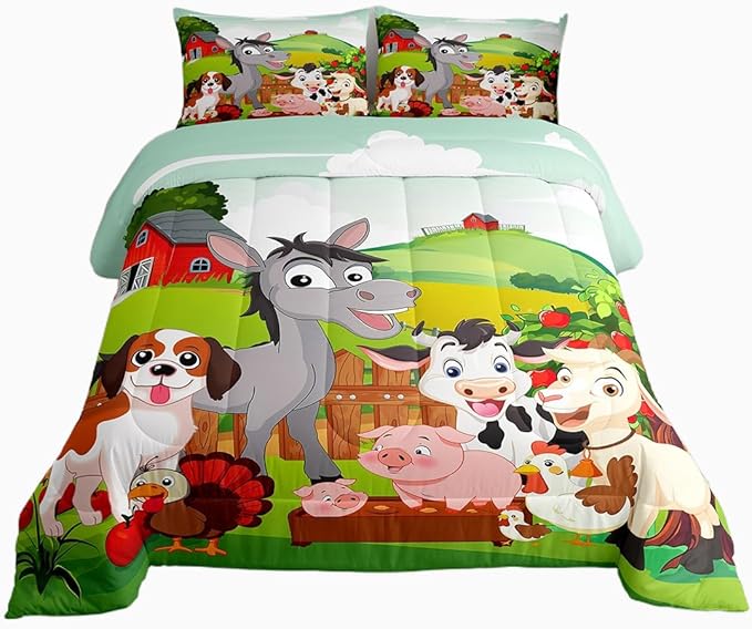 Cute Farm Animals Bedding Set Kids Cartoon Pig Dog Cow Horse Comforter Set for Boys Girls Teens Nature Country Style Comforter Farmhouse Rustic Duvet Set Colorful Bedroom Decor Quilt Set Full Size - LeafyLoom