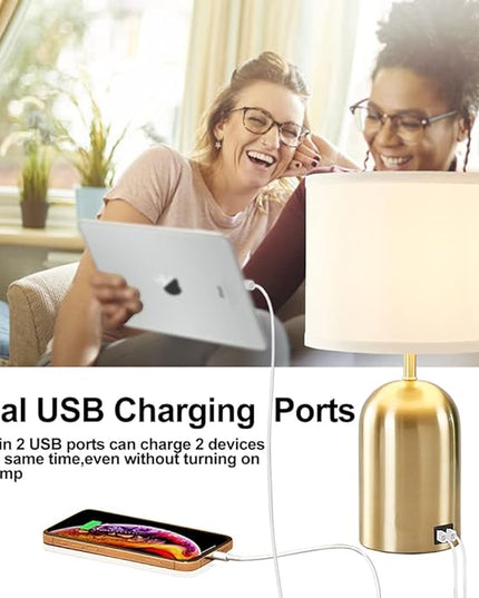 Bedside Lamp with USB Port, Touch Control Table Lamp for Bedroom 3 Way Dimmable Modern Nightstand Lamp with Fabric Shade Gold Base for Living Room, Dorm, Home Office, LED Bulb Included - LeafyLoom