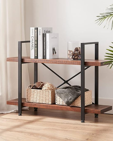 HSH Natural Real Wood Bookshelf, 2 Tier Small Rustic Vintage Industrial Etagere Bookcase, Low Open Metal Farmhouse Solid Wooden Book Shelf, 2 Shelf Bookcase for Living Room Bedroom, Distressed Brown - LeafyLoom
