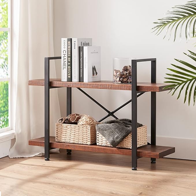 HSH Natural Real Wood Bookshelf, 2 Tier Small Rustic Vintage Industrial Etagere Bookcase, Low Open Metal Farmhouse Solid Wooden Book Shelf, 2 Shelf Bookcase for Living Room Bedroom, Distressed Brown - LeafyLoom