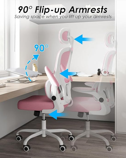 Soohow Ergonomic Home Office Chair, Mesh Desk Chair with Lumbar Support, Comfy Computer Desk Chair with Flip Armrest Rolling Wheels, Adjustable Headrest, Pink. - LeafyLoom