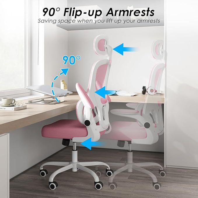 Soohow Ergonomic Home Office Chair, Mesh Desk Chair with Lumbar Support, Comfy Computer Desk Chair with Flip Armrest Rolling Wheels, Adjustable Headrest, Pink. - LeafyLoom