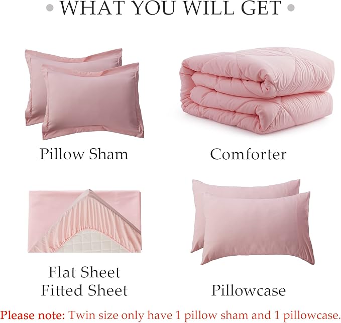 NexHome Pink King Bed in a Bag 7-Pieces Comforter Sets with Comforter and Sheets Soft All Season Bedding Sets with Comforter, Pillow Shams, Flat Sheet, Fitted Sheet and Pillowcases - LeafyLoom