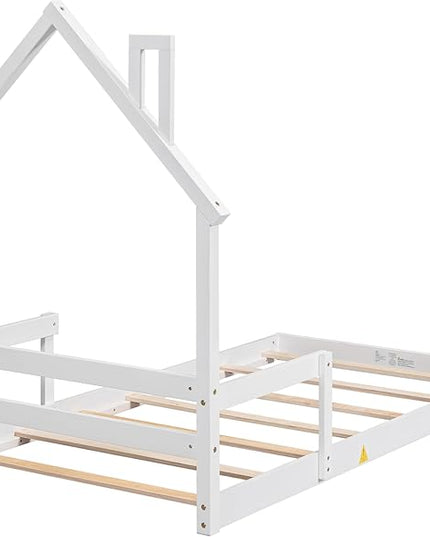 Bellemave Twin Size House-Shaped Headboard Floor Bed for Kids,Montessori Floor Bed with Handrails and Slats,Wood House Bed Twin for Girls,Boys(Twin,White) - LeafyLoom
