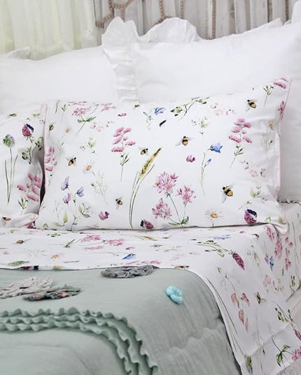 QSH Floral Bed Sheets Set King Size - Shabby Flower Bee Print Bed Sheet Set - Extra Soft and Breathable 100% Egyptian Cotton - 4 pcs King Size Sheets with Deep Pockets Flower Bed Sheets - LeafyLoom