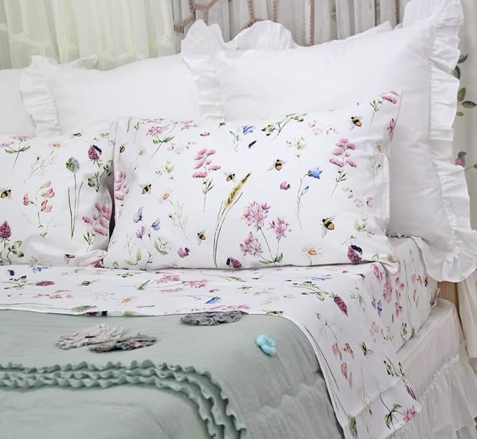 QSH Floral Bed Sheets Set King Size - Shabby Flower Bee Print Bed Sheet Set - Extra Soft and Breathable 100% Egyptian Cotton - 4 pcs King Size Sheets with Deep Pockets Flower Bed Sheets - LeafyLoom