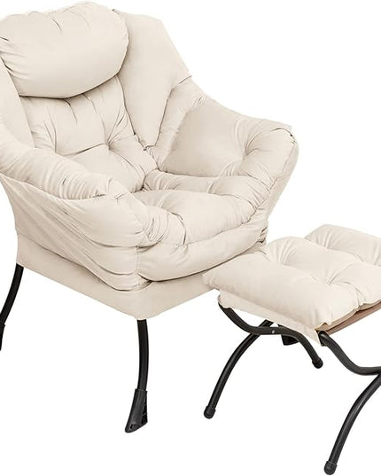 Lazy Chair with Ottoman, Modern Chair with Folding Footrest, Lounge Accent Chair, Comfortable Reading Chair, Oversized Armchairs for Bedroom, Study, Living Room, Courtyard (Beige) - LeafyLoom
