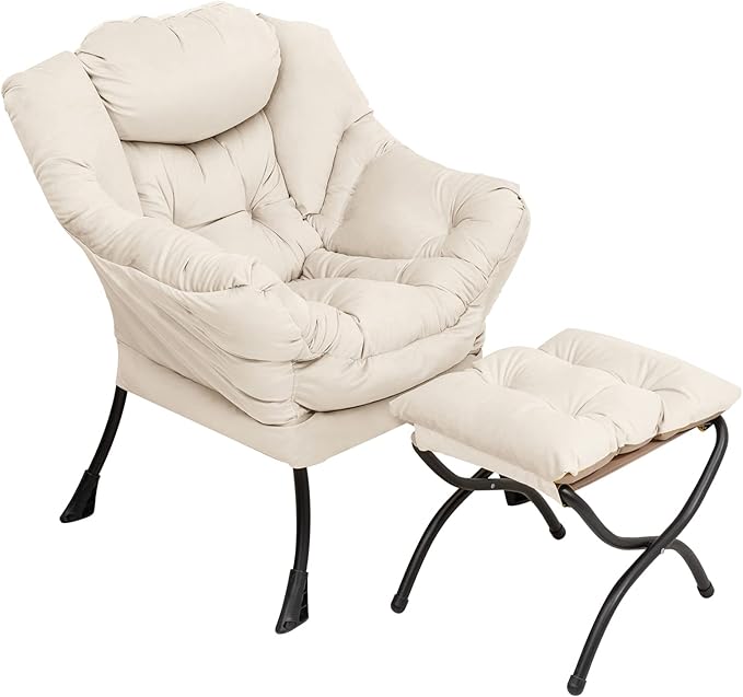 Lazy Chair with Ottoman, Modern Chair with Folding Footrest, Lounge Accent Chair, Comfortable Reading Chair, Oversized Armchairs for Bedroom, Study, Living Room, Courtyard (Beige) - LeafyLoom