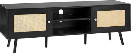 VEVOR Rattan TV Stand for 65 inch TV, Boho TV Stand with Rattan Door, Entertainment Center with Build-in Socket and USB Ports, Modern TV Console for Living Room, Media Room, Black - LeafyLoom