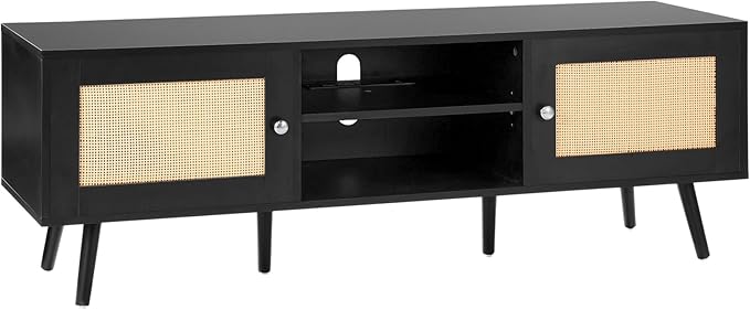 VEVOR Rattan TV Stand for 65 inch TV, Boho TV Stand with Rattan Door, Entertainment Center with Build-in Socket and USB Ports, Modern TV Console for Living Room, Media Room, Black - LeafyLoom