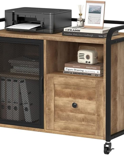 BON AUGURE Filing Cabinet for Home Office, Lateral File Cabinet with Drawer for Letter/ A4 Size, Mobile Printer Stand with Open Storage (Vintage Oak) - LeafyLoom
