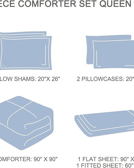 EMME Queen Comforter Set - 7 Pcs Blue Boho Bedding Sets, Full Size Tufted Comforter with Sheets, Shabby Chic Embroidery Queen Bed Set Fluffy Bed Bag for All Season(90"X90") - LeafyLoom