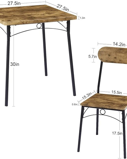 VECELO Dining Table Set for 2 Metal and Wood Square Kitchen Breakfast Nook, 3 Piece Dinette with Chairs, 27.5", Brown - LeafyLoom