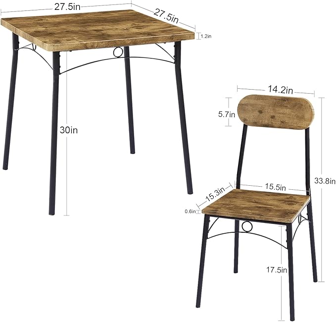 VECELO Dining Table Set for 2 Metal and Wood Square Kitchen Breakfast Nook, 3 Piece Dinette with Chairs, 27.5", Brown - LeafyLoom