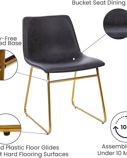 Flash Furniture Butler 18 Inch Commercial Grade LeatherSoft Dining Table Height Chair, Mid-Back Gold Sled Base with Dark Gray LeatherSoft Upholstery, Set of 2 - LeafyLoom