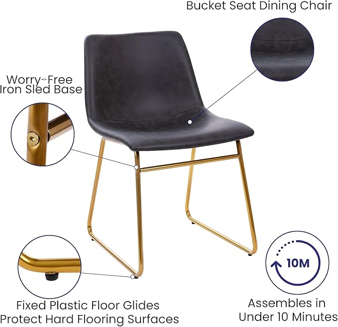Flash Furniture Butler 18 Inch Commercial Grade LeatherSoft Dining Table Height Chair, Mid-Back Gold Sled Base with Dark Gray LeatherSoft Upholstery, Set of 2 - LeafyLoom