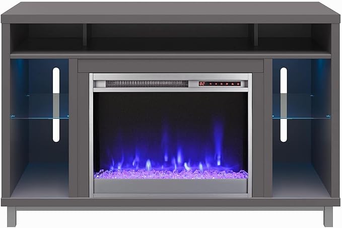 Ameriwood Home Lumina Fireplace TV Stand for TVs up to 48 Inch, Replaceable Electric Fireplace Insert Heater, Remote Control, Timer, Color Changing LED Lights, Crystal Ember Flames, Graphite Gray - LeafyLoom