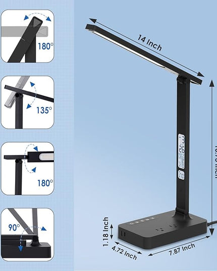 Desk Lamp with USB Charging Port: LED Eye-Caring Smart Table light for Home Office - 1 Type-C, 1 USB-A Charging Port, 2 AC Power Outlets. - LeafyLoom