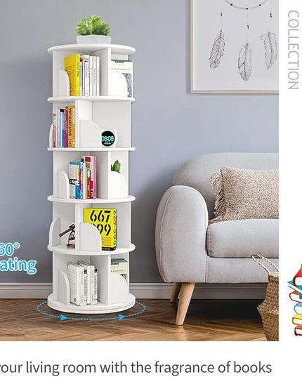 Nisorpa 5 Tier Rotating Bookshelf, 360° Revolving Bookcase Rotating Stackable Shelves Floor-Standing Storage Display Rack Used in Bedrooms Living Rooms Study Office (63"x18"x18") - LeafyLoom