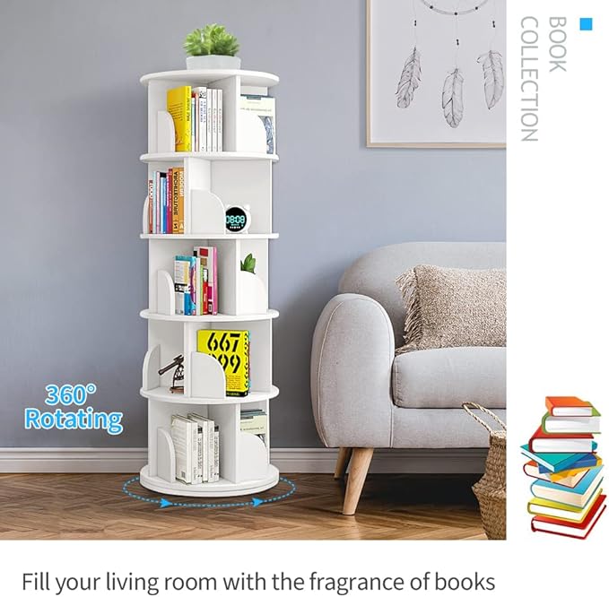 Nisorpa 5 Tier Rotating Bookshelf, 360° Revolving Bookcase Rotating Stackable Shelves Floor-Standing Storage Display Rack Used in Bedrooms Living Rooms Study Office (63"x18"x18") - LeafyLoom