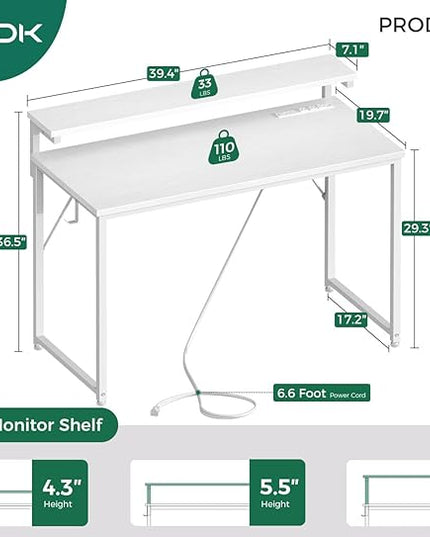 AODK Small Desk, 40 Inch Gaming Desk with LED Lights and Power Outlet, Computer Desk with Adjustable Monitor Shelf (3 Heights), Home Office Table Study Desk Compact Desk for Small Space, White - LeafyLoom