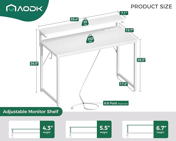 AODK Small Desk, 40 Inch Gaming Desk with LED Lights and Power Outlet, Computer Desk with Adjustable Monitor Shelf (3 Heights), Home Office Table Study Desk Compact Desk for Small Space, White - LeafyLoom