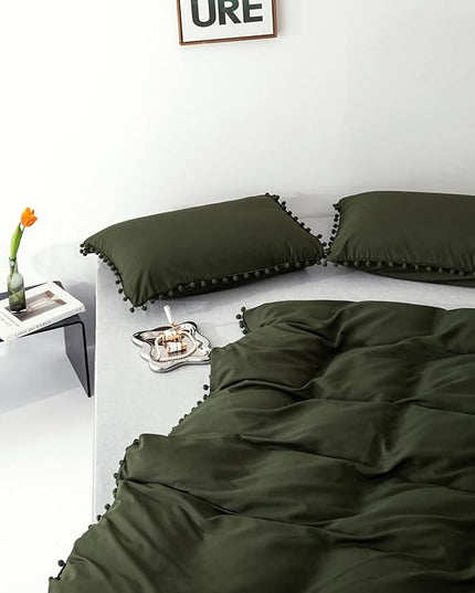 Army Green Comforter Full Dark Green Pom Green Comforter 3 PCs Soft Olive Green Boho Ball Pom Fringe Full Comforter Bedding Set Women Solid Dark Green Full Bed Comforter All Season - LeafyLoom