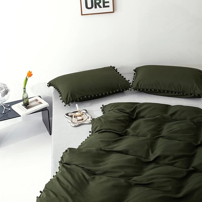 Army Green Comforter Full Dark Green Pom Green Comforter 3 PCs Soft Olive Green Boho Ball Pom Fringe Full Comforter Bedding Set Women Solid Dark Green Full Bed Comforter All Season - LeafyLoom