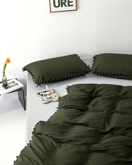 Army Green Comforter Cal King Dark Green Pom Green Comforter 3 PCs Soft Olive Green Boho Ball Pom Fringe California King Comforter Bedding Set Women Solid Dark Green Bed Comforter All Season - LeafyLoom