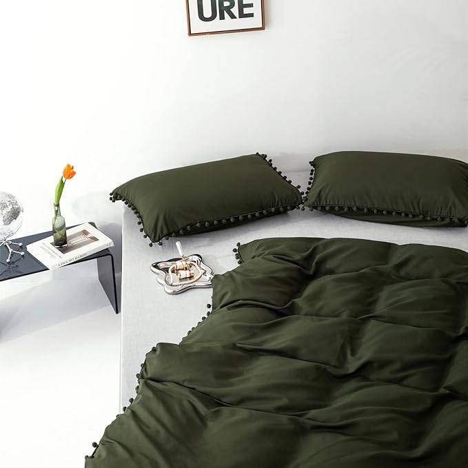 Army Green Comforter Cal King Dark Green Pom Green Comforter 3 PCs Soft Olive Green Boho Ball Pom Fringe California King Comforter Bedding Set Women Solid Dark Green Bed Comforter All Season - LeafyLoom