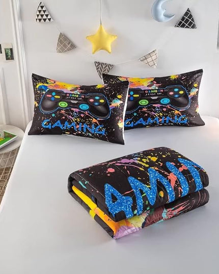 Gamer Comforter Sets for Teen Boys,Gaming Bedding Sets Twin,Video Game Bedspread,Game Gamepad Bed Set,Controller Bedding Gamer Home Decor 3 Piece 1 Comforter and 2 Pillowcases - LeafyLoom