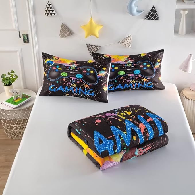 Gamer Comforter Sets for Teen Boys,Gaming Bedding Sets Twin,Video Game Bedspread,Game Gamepad Bed Set,Controller Bedding Gamer Home Decor 3 Piece 1 Comforter and 2 Pillowcases - LeafyLoom