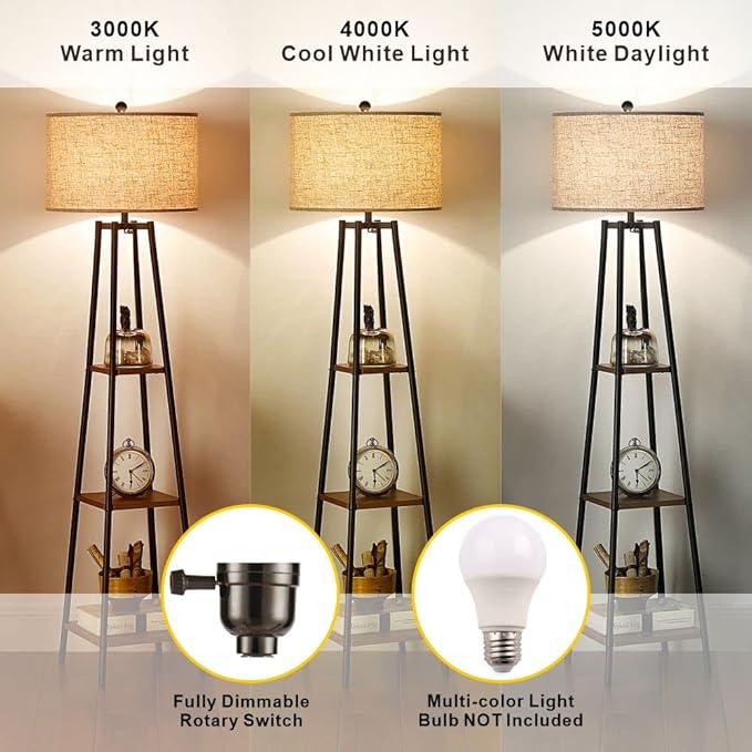 Floor Lamp, Standing Reading Light with Shelves and Fabric Shade, Modern Tall Pole Lamp, Accent Furniture Décor Lighting for Living Room, Bedrooms - LeafyLoom