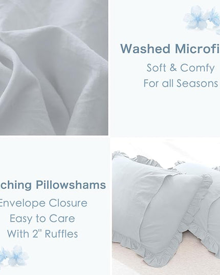 Ruffled Comforter Set for Queen Bed,3 Pieces Vintage Farmhouse Shabby Bedding Set Lightweight Ultra Soft French Country Bedding (1 Cornflower Blue Comforter +2 Pillowcases) - LeafyLoom