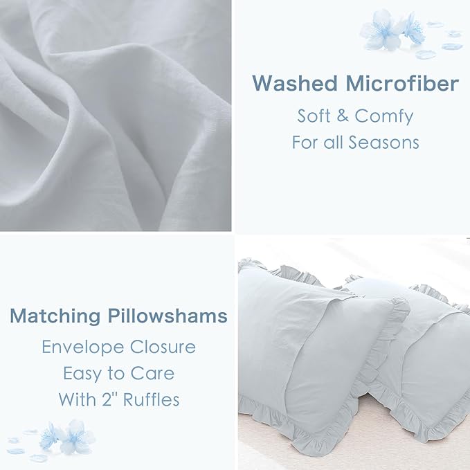 Shabby Ruffled King Comforter Set,Farmhouse Cornflower Blue Bedding Comforter Lightweight Ultra Soft Vintage Rustic Bedding 3pc (1 Ruffle Comforter and 2 Pillowcases) - LeafyLoom