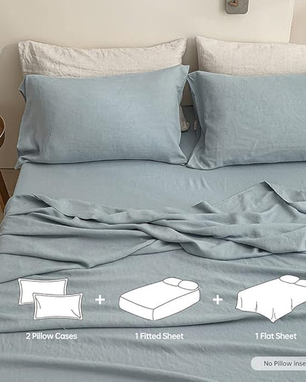 Simple&Opulence 100% Linen Sheet Set Solid Color-4 Pcs Washed French Linen Bed Sheets(1 Flat Sheet,1 Fitted Sheet,2 Pillowcases)-Breathable Bedding Set (Dusty Blue, Queen) - LeafyLoom