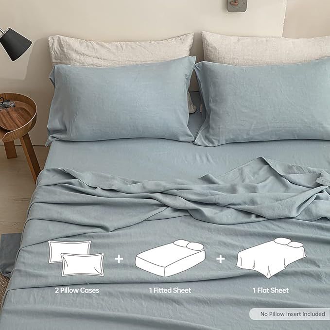 Simple&Opulence 100% Linen Sheet Set Solid Color-4 Pcs Washed French Linen Bed Sheets(1 Flat Sheet,1 Fitted Sheet,2 Pillowcases)-Breathable Bedding Set (Dusty Blue, Queen) - LeafyLoom