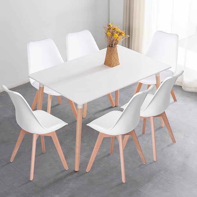 FurnitureR Dining Chairs Set of 4, Kitchen Chairs with Wood Legs, Faux Leather Side Chairs Armless Mid Back for Living Room Bedroom, Cushioned Upholstered Dining Room Chairs, White - LeafyLoom